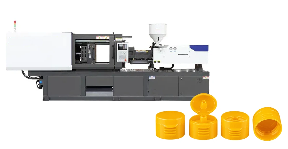 Inyectora de tapas BMI Machines con tapas flip-top amarillas